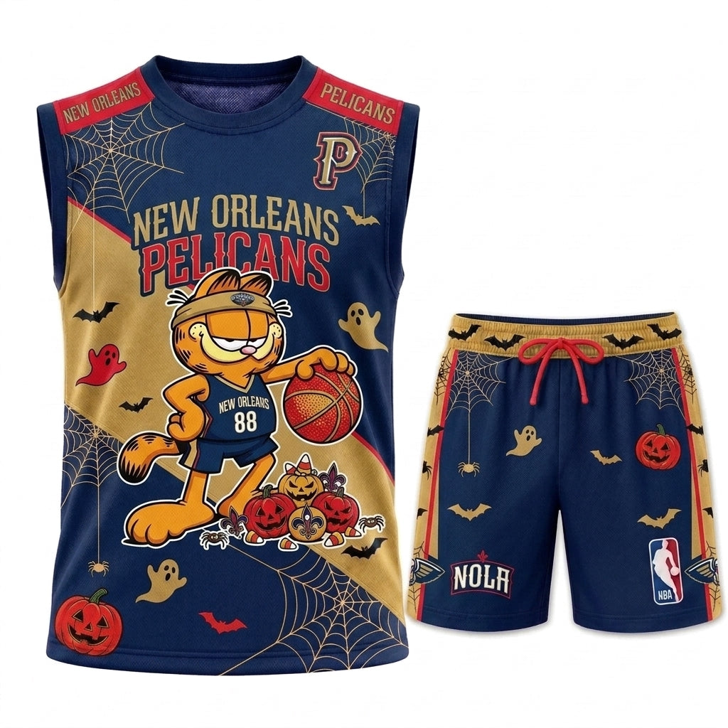Halloween Basketball Jersey And Shorts Set — Cartoon Cat Sport Fan Outfit | 30 Teams Available
