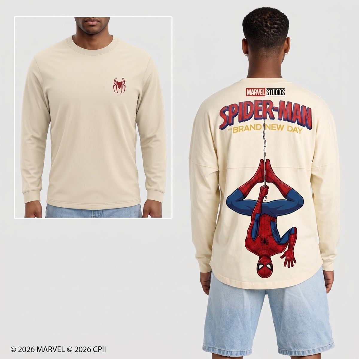 Cream Long Sleeve Shirt — Comic Web Hero Inspired Back Print Tee — Superhero Fan Streetwear Gift - Custom Fan Apparel Image 4