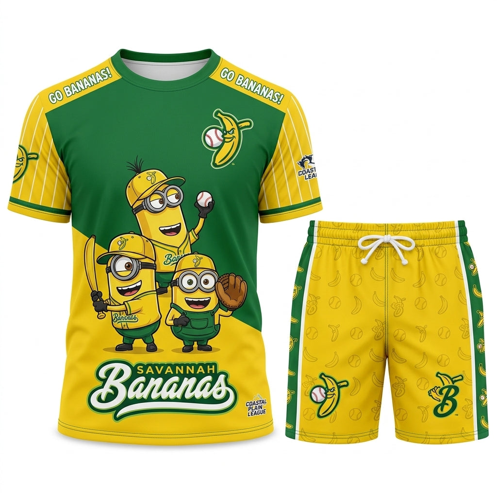 Baseball Fan T-Shirt And Shorts Set — Green Yellow Cartoon Sport Outfit For Summer