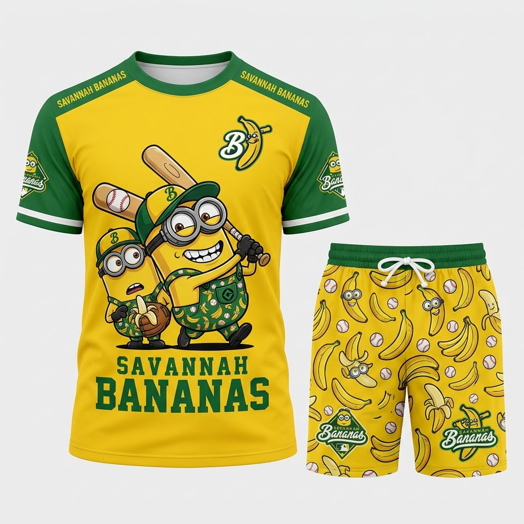 Baseball Fan T-Shirt And Shorts Set — Green Yellow Cartoon Sport Outfit For Summer