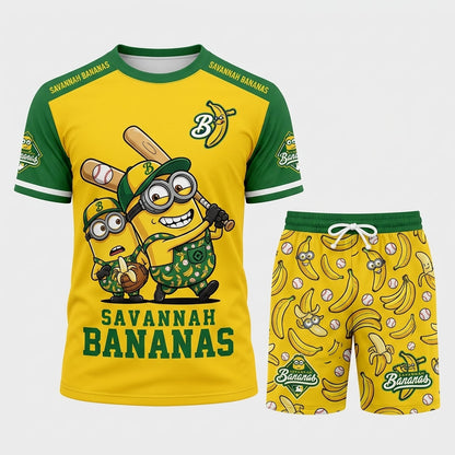 Baseball Fan T-Shirt And Shorts Set — Green Yellow Cartoon Sport Outfit For Summer