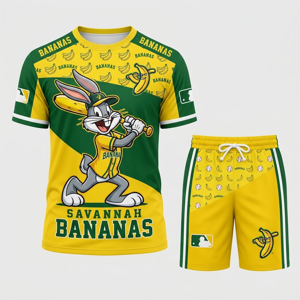 Baseball Fan T-Shirt And Shorts Set — Green Yellow Cartoon Sport Outfit For Summer