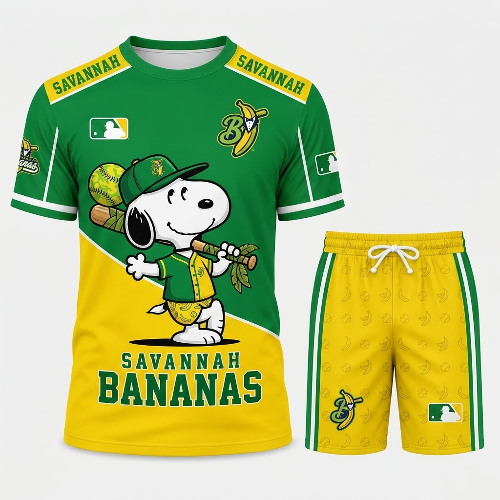 Baseball Fan T-Shirt And Shorts Set — Green Yellow Cartoon Sport Outfit For Summer