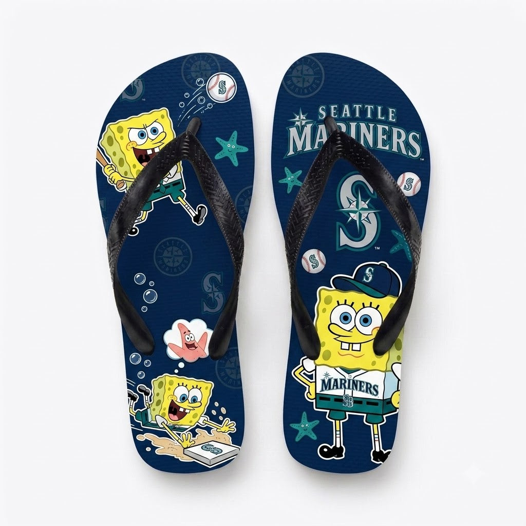 Cartoon Yellow Sponge Baseball Flip Flops — Sport Fan Sandals | 30 Teams Available - Custom Fan Apparel Image 16