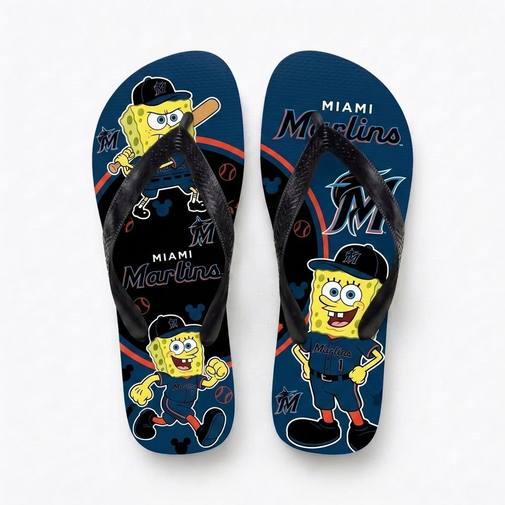 Cartoon Yellow Sponge Baseball Flip Flops — Sport Fan Sandals | 30 Teams Available - Custom Fan Apparel Image 1
