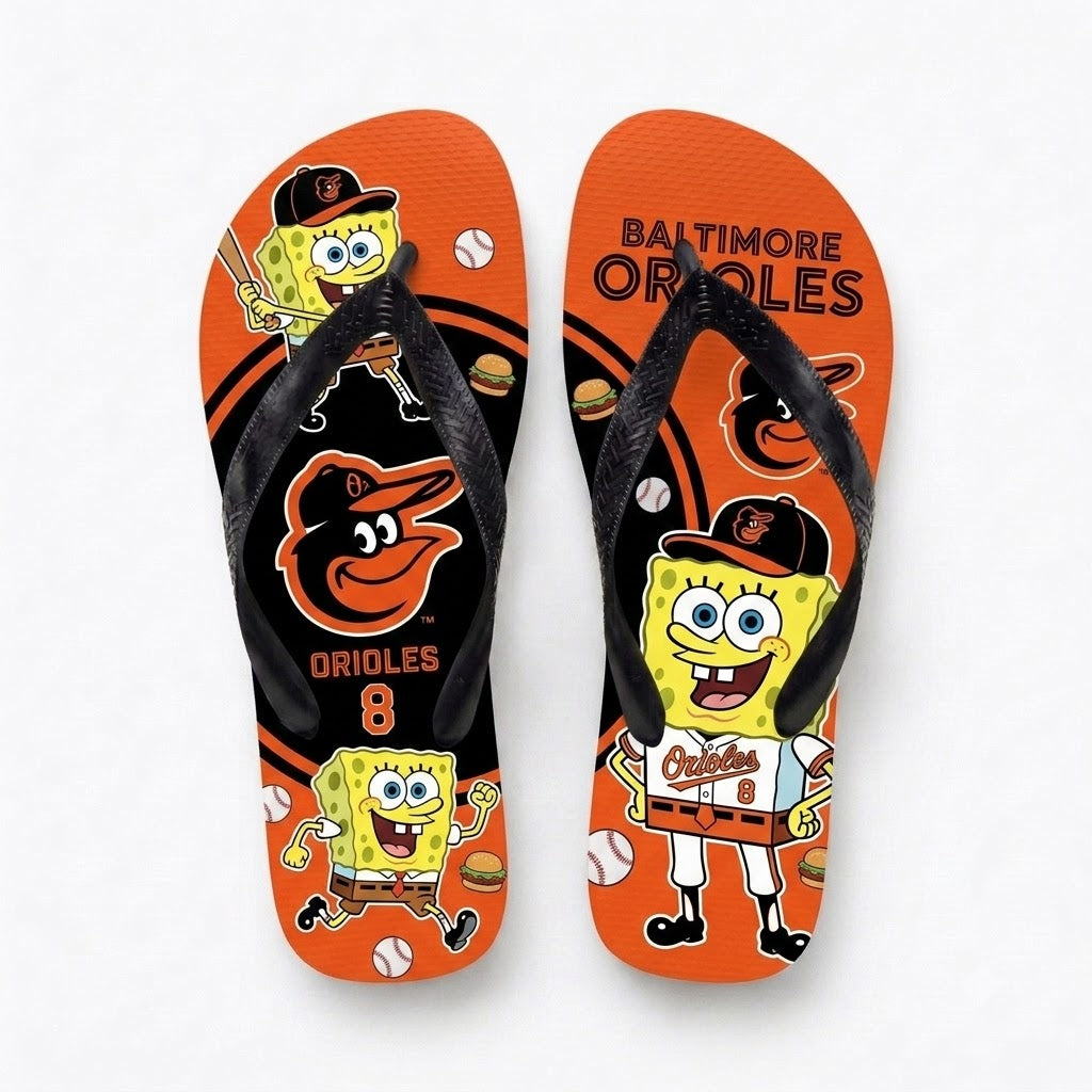 Cartoon Yellow Sponge Baseball Flip Flops — Sport Fan Sandals | 30 Teams Available - Custom Fan Apparel Image 6