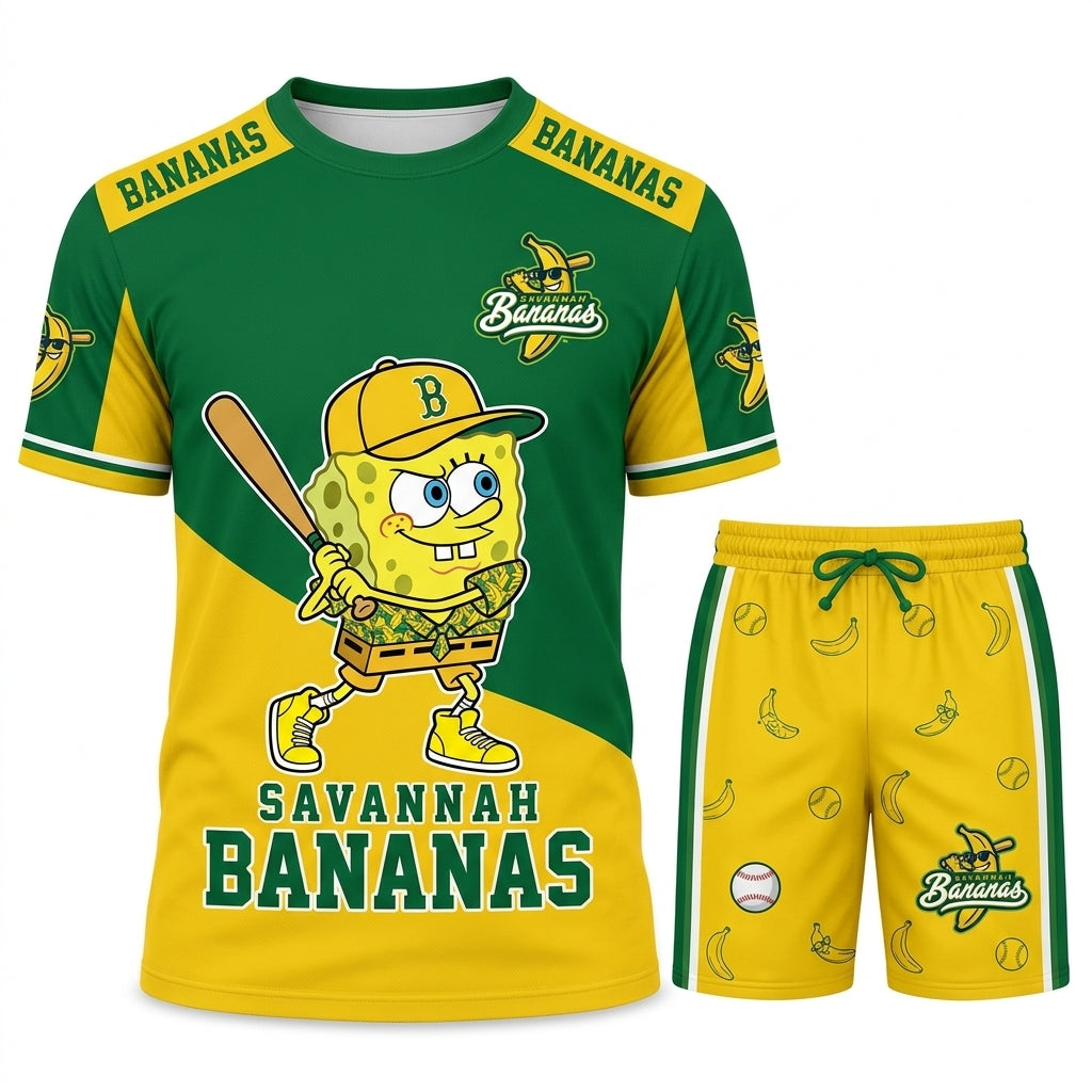 Baseball Fan T-Shirt And Shorts Set — Green Yellow Cartoon Sport Outfit For Summer