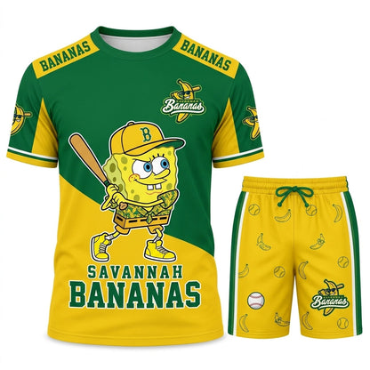 Baseball Fan T-Shirt And Shorts Set — Green Yellow Cartoon Sport Outfit For Summer