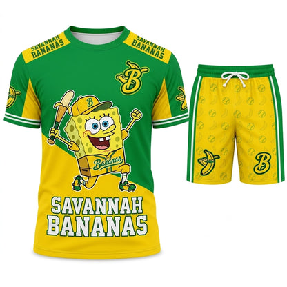 Baseball Fan T-Shirt And Shorts Set — Green Yellow Cartoon Sport Outfit For Summer