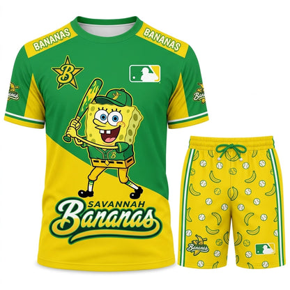 Baseball Fan T-Shirt And Shorts Set — Green Yellow Cartoon Sport Outfit For Summer