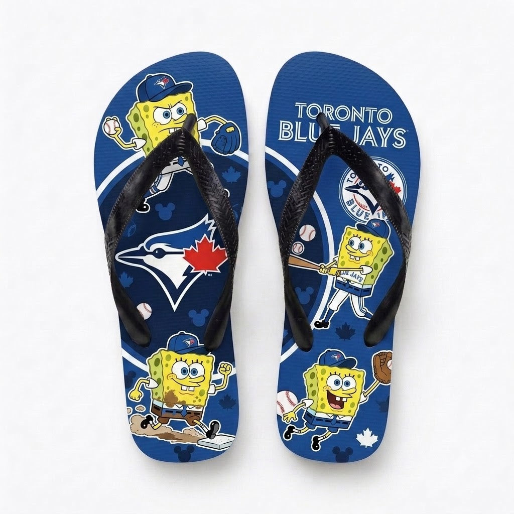 Cartoon Yellow Sponge Baseball Flip Flops — Sport Fan Sandals | 30 Teams Available - Custom Fan Apparel Image 9