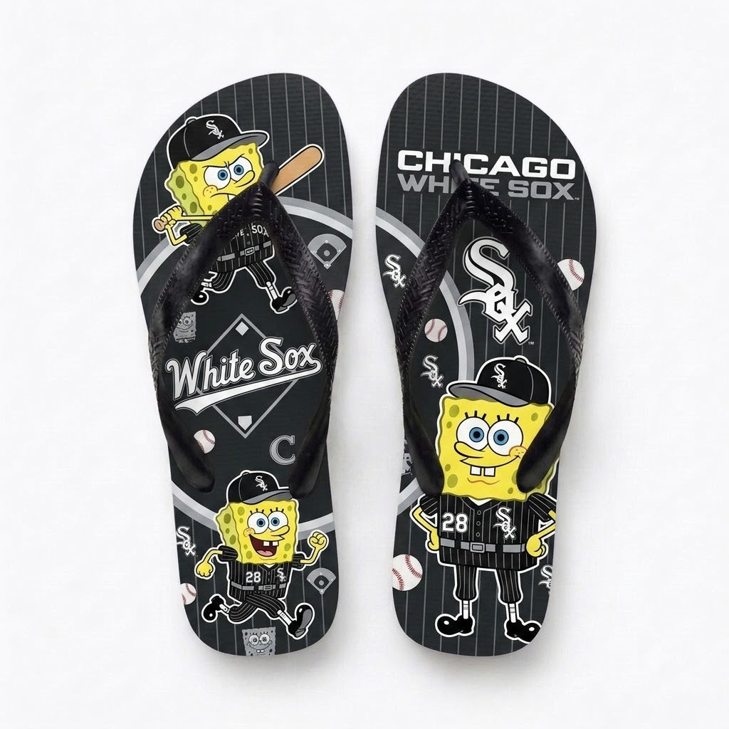 Cartoon Yellow Sponge Baseball Flip Flops — Sport Fan Sandals | 30 Teams Available - Custom Fan Apparel Image 2