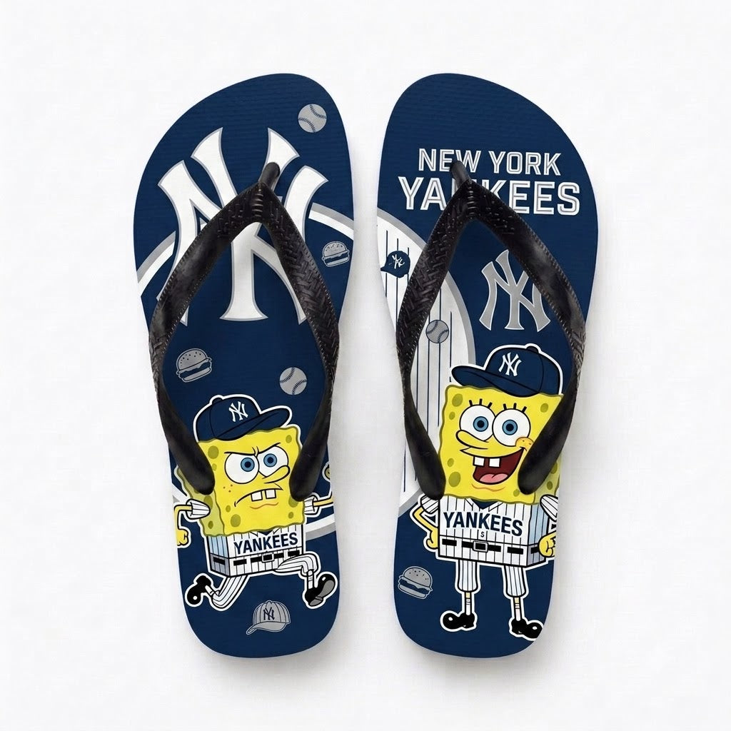 Cartoon Yellow Sponge Baseball Flip Flops — Sport Fan Sandals | 30 Teams Available - Custom Fan Apparel Image 4