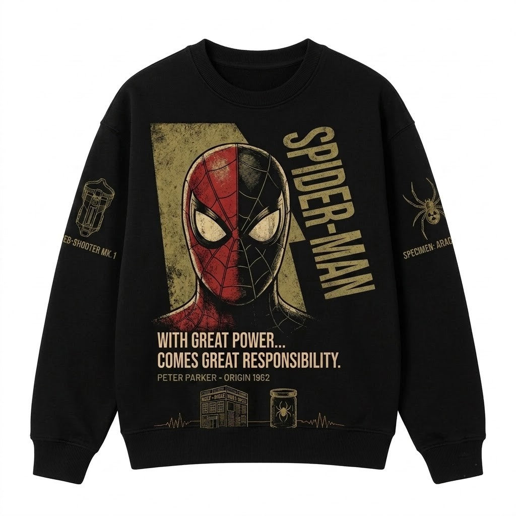 Black Long Sleeve Shirt — Comic Web Hero Inspired Back Print Tee — Superhero Fan Streetwear Gift - Custom Fan Apparel Image 2