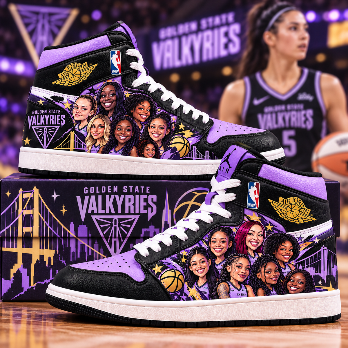 All Golden State Valkyries Team Women’s Basketball Fan WNBA High Sneakers with Collector Box — Style 2