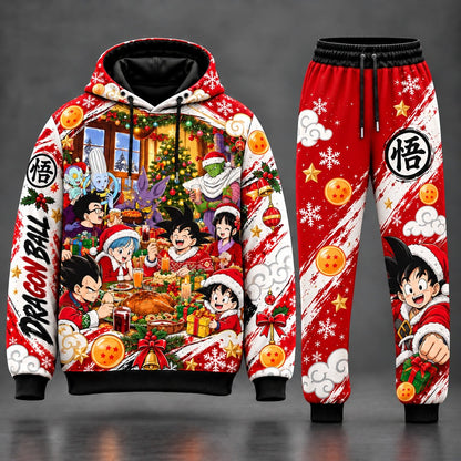 Dragon Ball Christmas Holiday Feast Tracksuit Set with Goku Vegeta Gohan Bulma Beerus Whis Christmas Party Graphic Fleece Hoodie and Matching Jogger Sweatpants HB141026