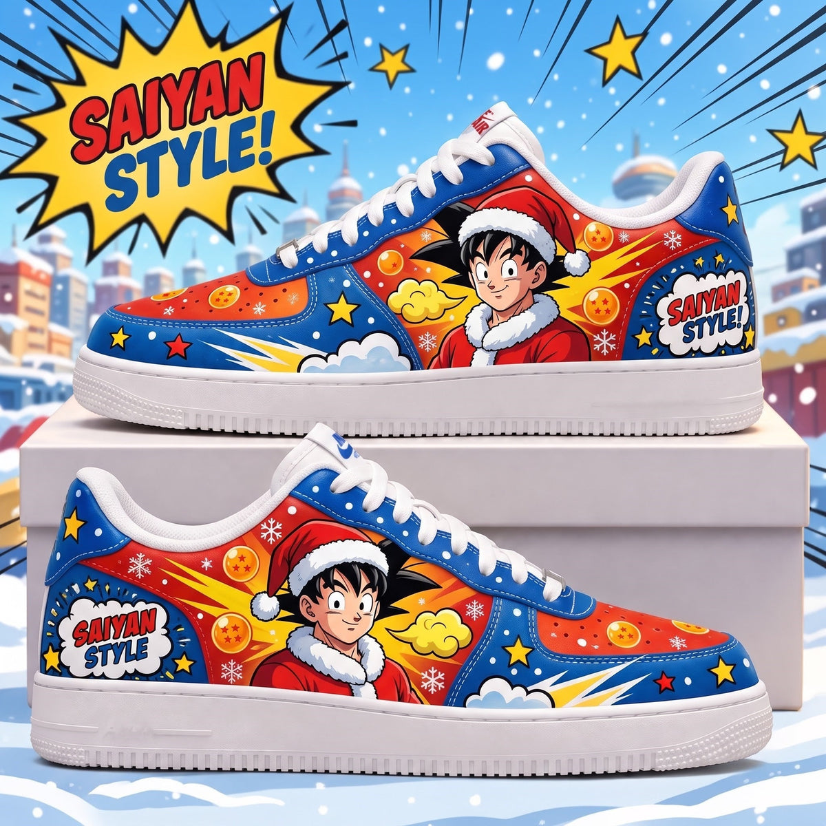 Dragon Ball Z Christmas low top sneakers in royal blue and crimson red featuring Santa hat Goku portrait with Flying Nimbus cloud and Saiyan Style comic badge - Style 02 HB151026-1