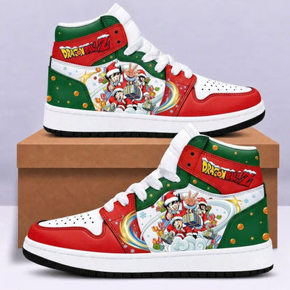 Dragon Ball Z Christmas high top sneakers in holiday crimson red and evergreen featuring the Saiyan holiday family Goku Chi-Chi Gohan Goten with gift boxes and swirling energy cloud - Style 03 HB151026
