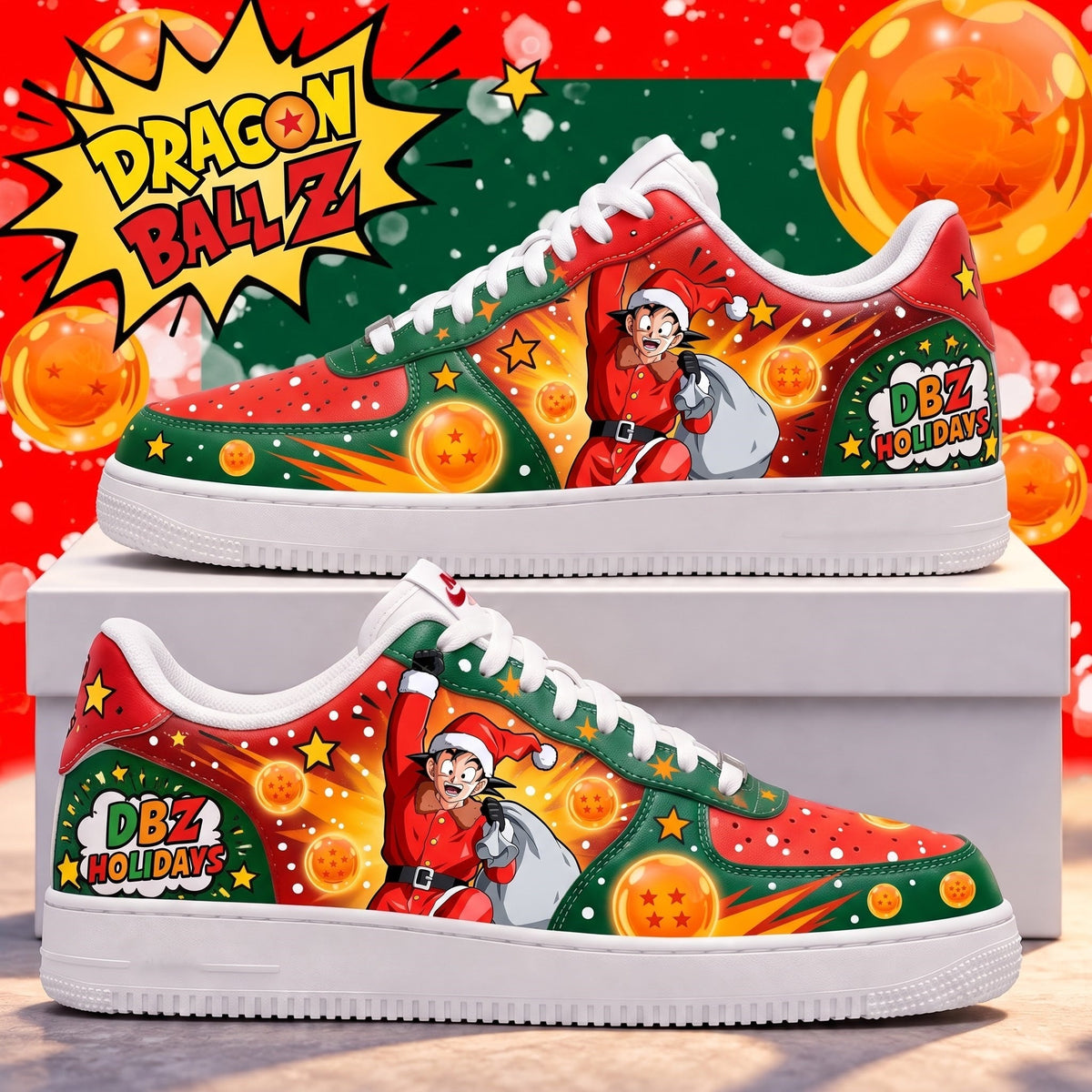 Dragon Ball Z Christmas low top sneakers in pine green and festive crimson red featuring Santa Goku delivering holiday gift sack with 7 dragon balls and DBZ Holidays badge - Style 01 HB151026-1