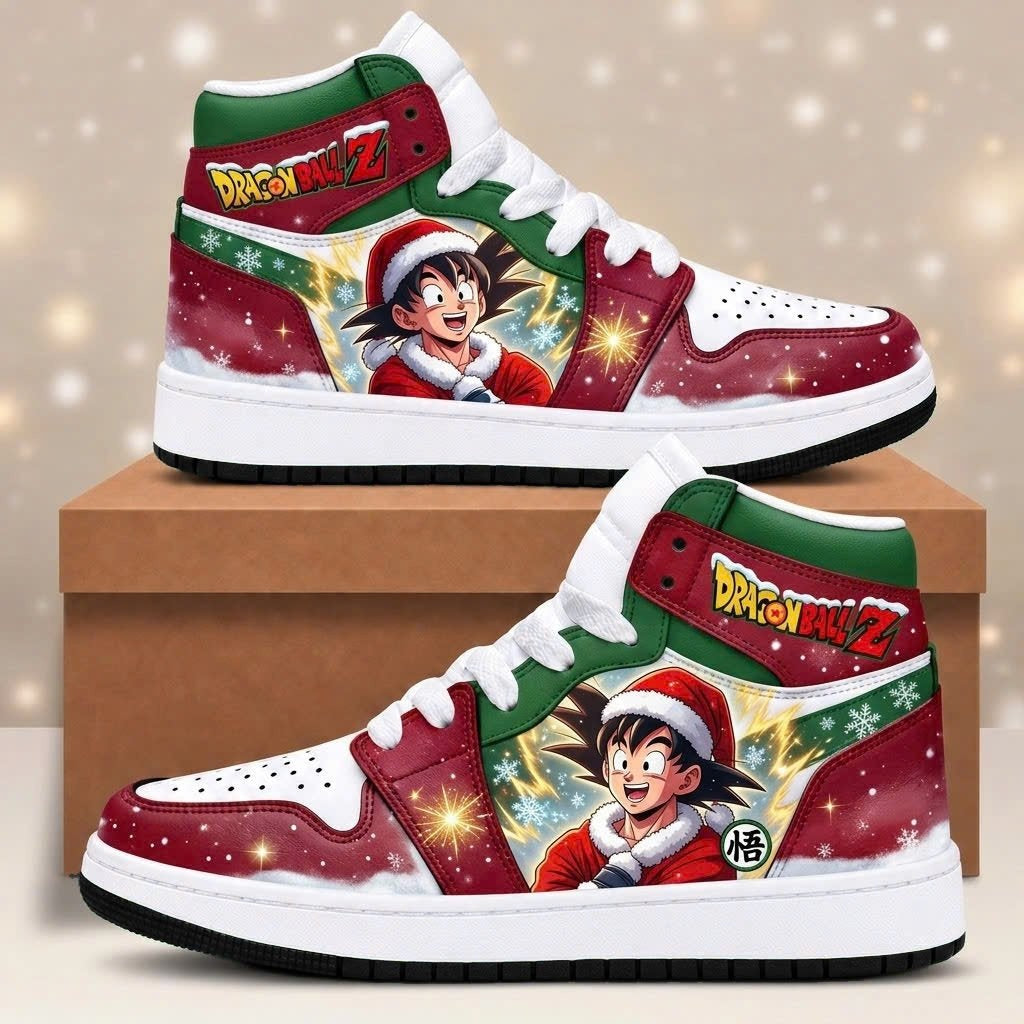 Dragon Ball Z Christmas high top sneakers in rich holiday wine burgundy and evergreen featuring Santa Goku portrait with glowing ki sparkles and iconic Goku Go kanji crest - Style 04 HB151026