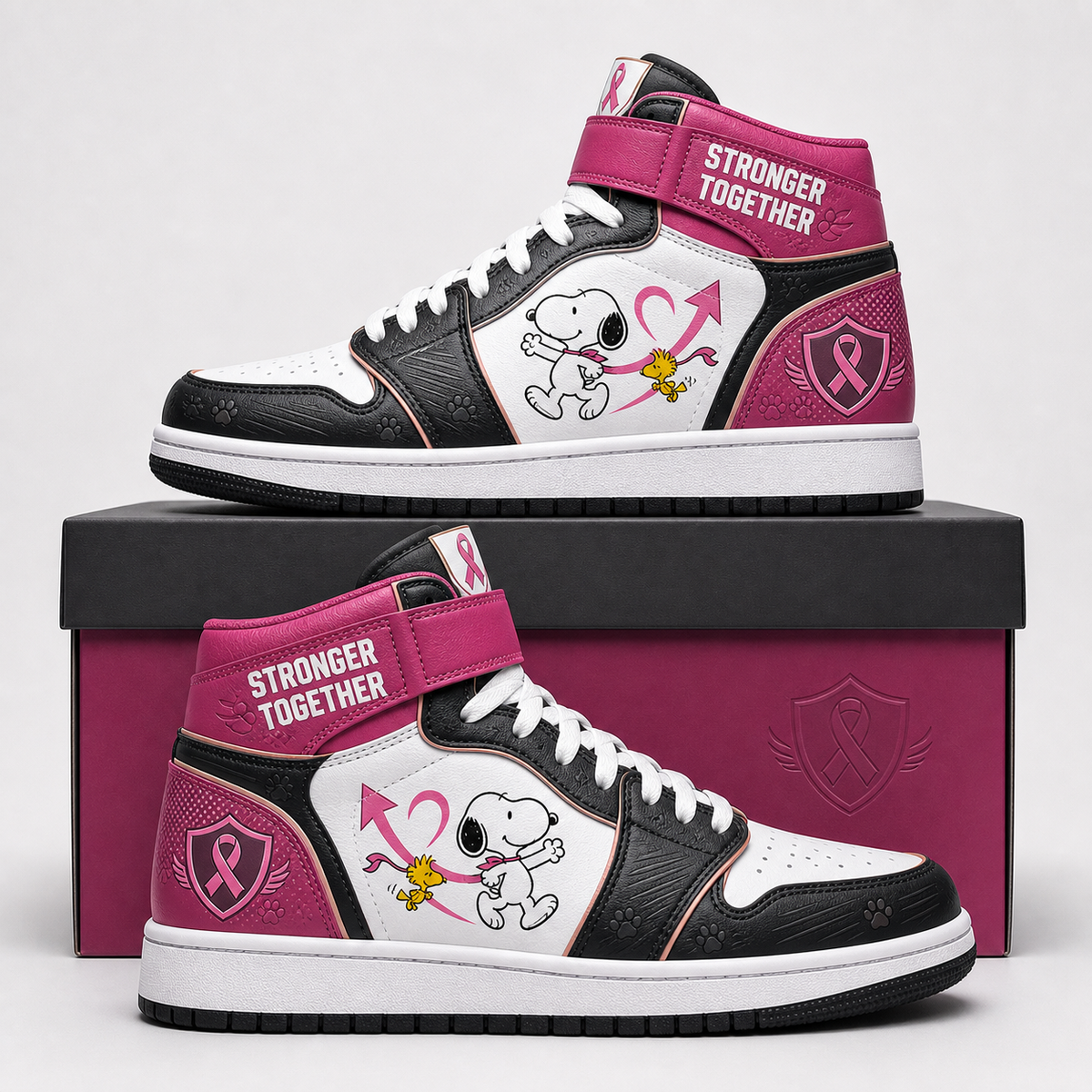 Snoopy - Stronger Together - Breast Cancer Awareness High Top Sneakers