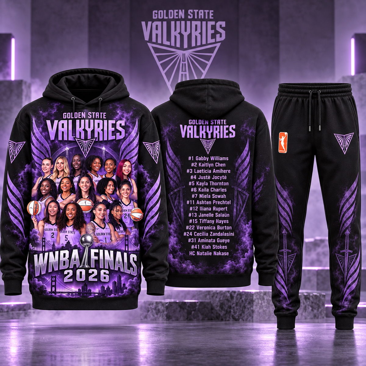 Golden State Valkyries 2026 WNBA Finals Trophy Graphic Hoodie and Sweatpants Tracksuit Set — Style 02