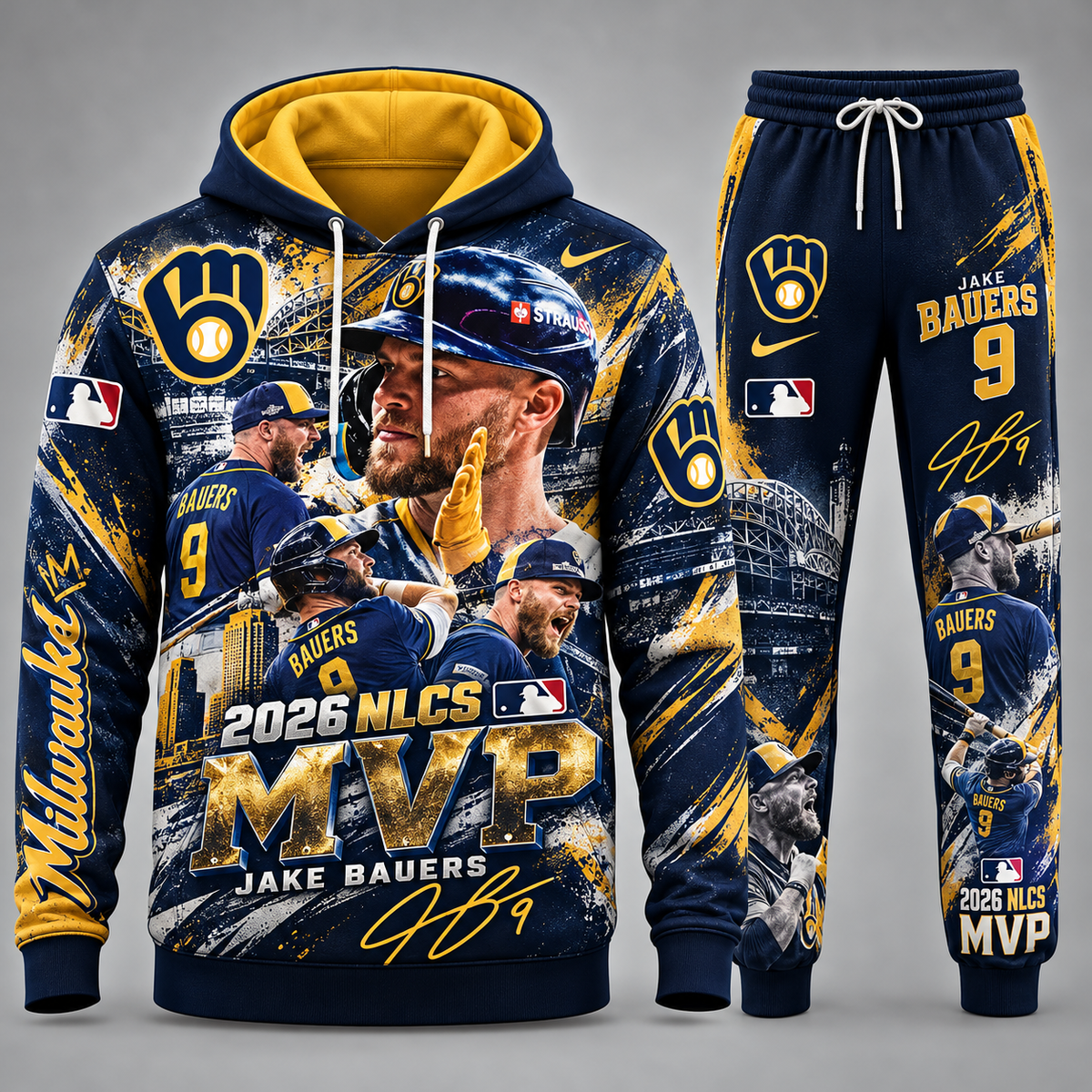 Jake Bauers #9 Milwaukee Brewers 2026 NLCS MVP Graphic Hoodie and Sweatpants Tracksuit Set — Style 04