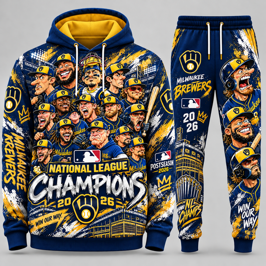 Milwaukee Brewers 2026 NL Champions 'Win Our Way' Caricature Graphic Hoodie and Sweatpants Tracksuit Set — Style 01 Classic Navy Edition