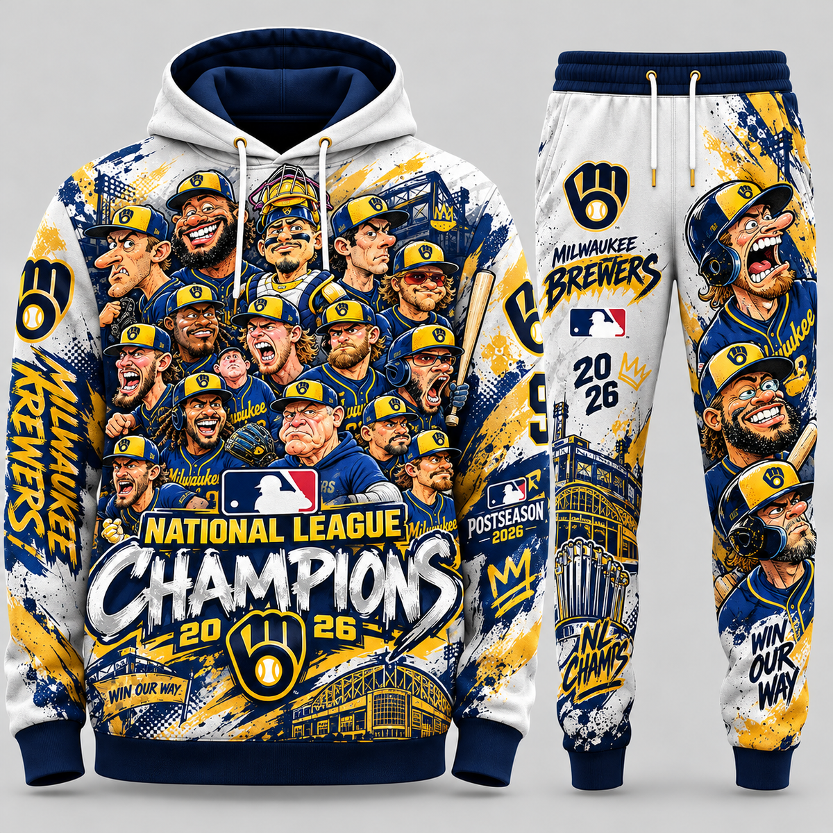 Milwaukee Brewers 2026 NL Champions 'Win Our Way' Caricature Graphic Hoodie and Sweatpants Tracksuit Set — Style 02 Pure White Edition