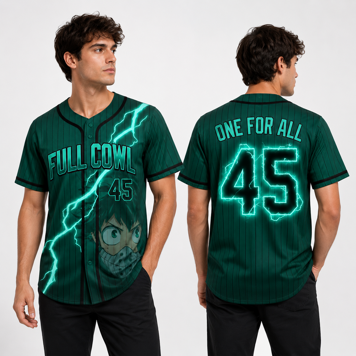 Custom Green Lightning Anime Baseball Jersey, Hero Academy Inspired Full Cowl Fan Shirt - Custom Fan Apparel Image 1
