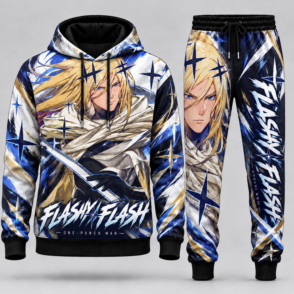 One-Punch Man Flashy Flash S-Class Rank 13 Ninja Blade Tracksuit Set with Electric Blue Lightspeed Slash Graphic Hoodie and Matching Joggers HBLA8