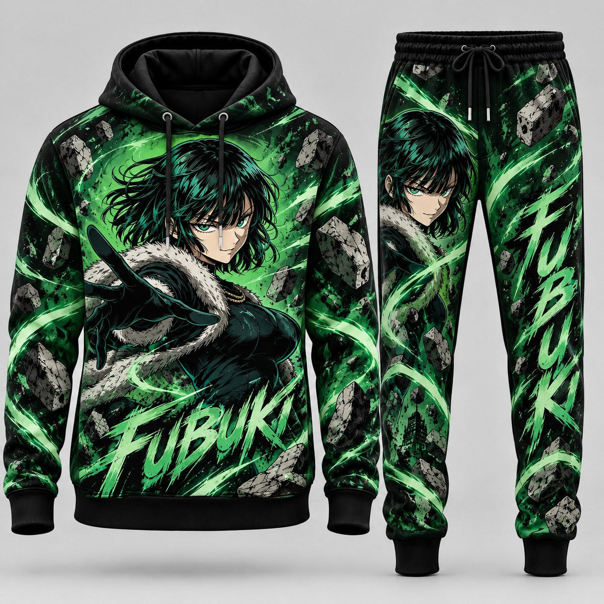 One-Punch Man Fubuki Blizzard of Hell Telekinesis Tracksuit Set with Floating Debris Emerald Aura Pullover Graphic Hoodie and Matching Pants HBLA8