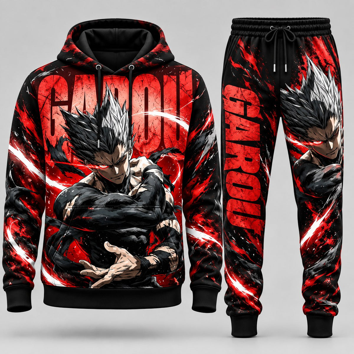 One-Punch Man Garou Human Monster Hero Hunter Tracksuit Set with Crimson Blood Splatter Martial Arts Stance Graphic Hoodie and Sweatpants HBLA8