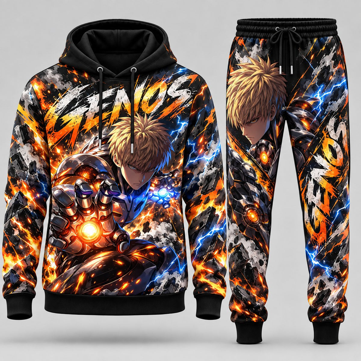 One-Punch Man Genos Demon Cyborg Incineration Blast Graphic Tracksuit Set with Fiery Orange Core Blast Pullover Hoodie and Coordinated Joggers HBLA8