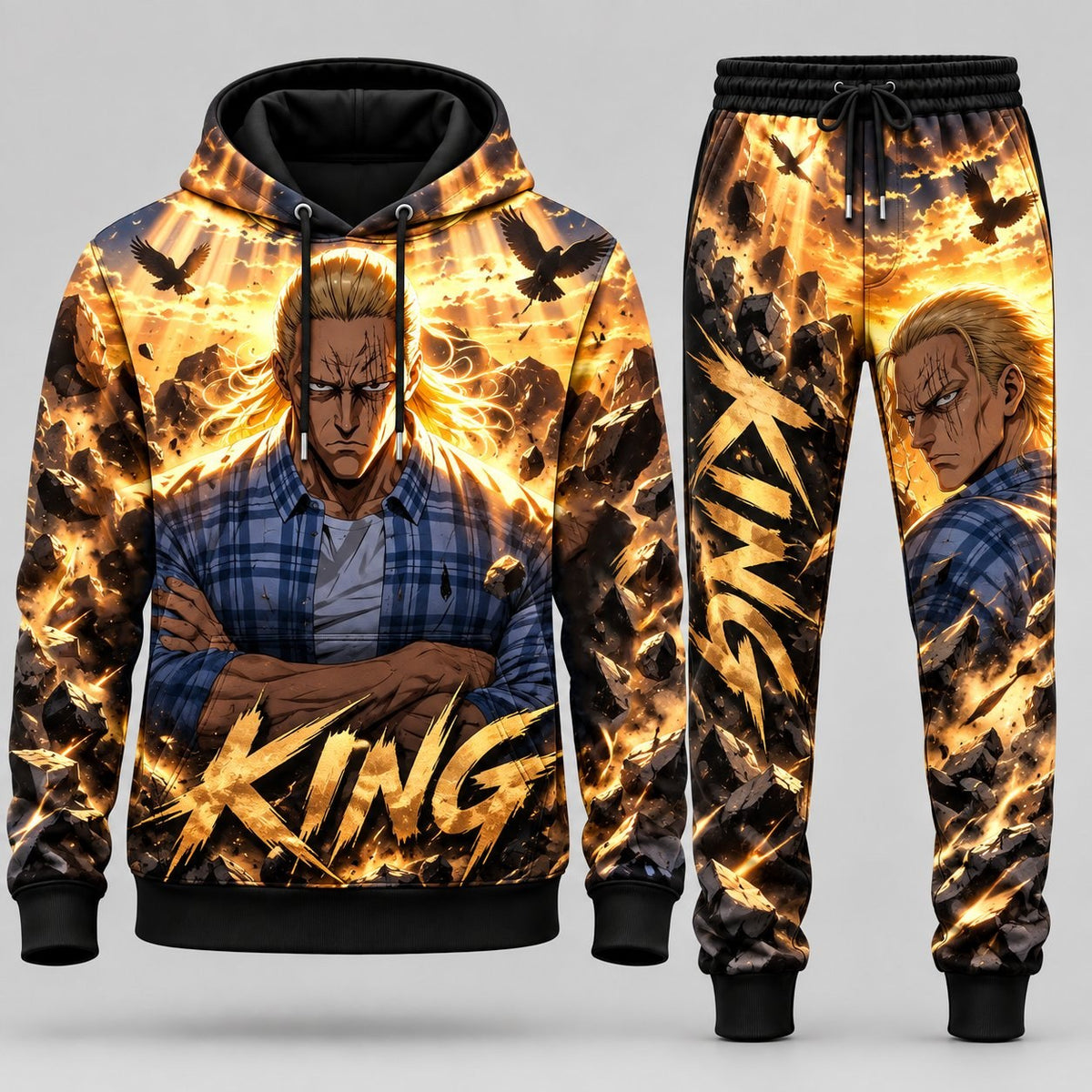 One-Punch Man King Strongest Man on Earth S-Class Hero Tracksuit Set with Golden Sunburst King Engine Aura Graphic Hoodie and Sweatpants HBLA8