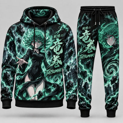One-Punch Man Tatsumaki Tornado of Terror S-Class Rank 2 Esper Tracksuit Set with Emerald Lightning Storm Graphic Fleece Hoodie and Joggers HBLA8