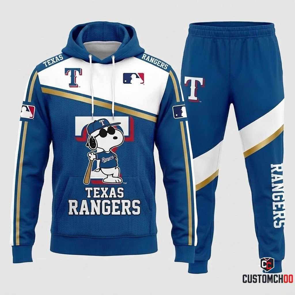 Texas Rangers - Snoopy MLB 30-Team Fan Tracksuit Set - Hoodie & Jogger Pants (Snoopy baseball fan tracksuit hoodie and pants set)