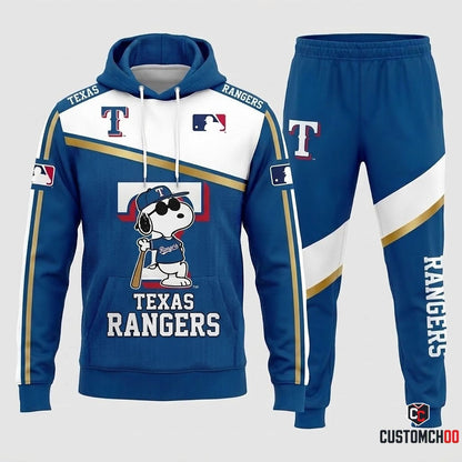 Texas Rangers - Snoopy MLB 30-Team Fan Tracksuit Set - Hoodie & Jogger Pants (Snoopy baseball fan tracksuit hoodie and pants set)