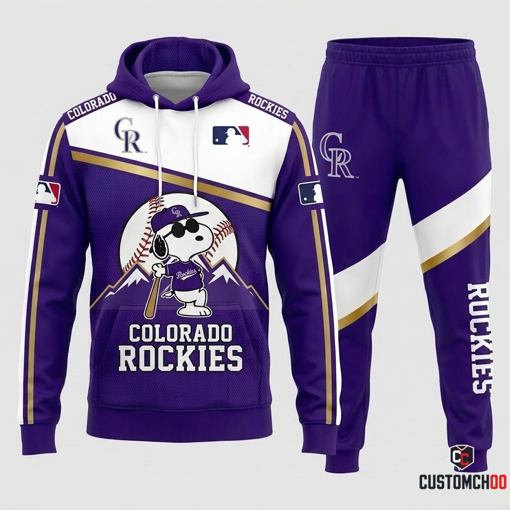 Colorado Rockies - Snoopy MLB 30-Team Fan Tracksuit Set - Hoodie & Jogger Pants (Snoopy baseball fan tracksuit hoodie and pants set)
