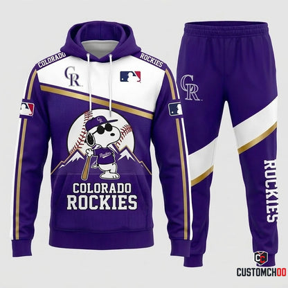 Colorado Rockies - Snoopy MLB 30-Team Fan Tracksuit Set - Hoodie & Jogger Pants (Snoopy baseball fan tracksuit hoodie and pants set)