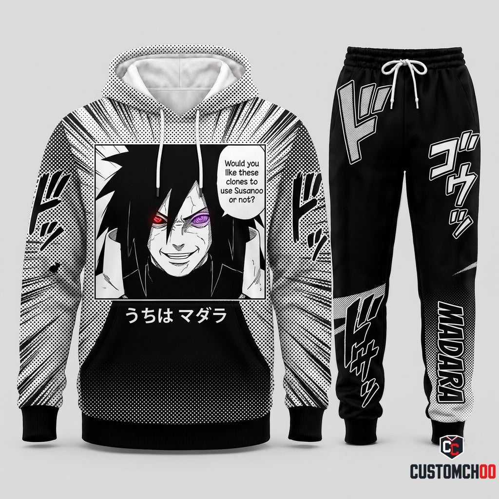 Madara Uchiha Anime Tracksuit Set - Hoodie & Jogger Pants - 06. Manga Screentone
