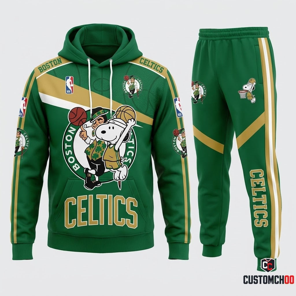 Snoopy NBA 30-Team Slam Dunk Edition Tracksuit Set - Hoodie & Jogger Pants - Boston Celtics
