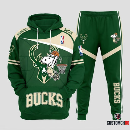 Snoopy NBA 30-Team Slam Dunk Edition Tracksuit Set - Hoodie & Jogger Pants - Milwaukee Bucks