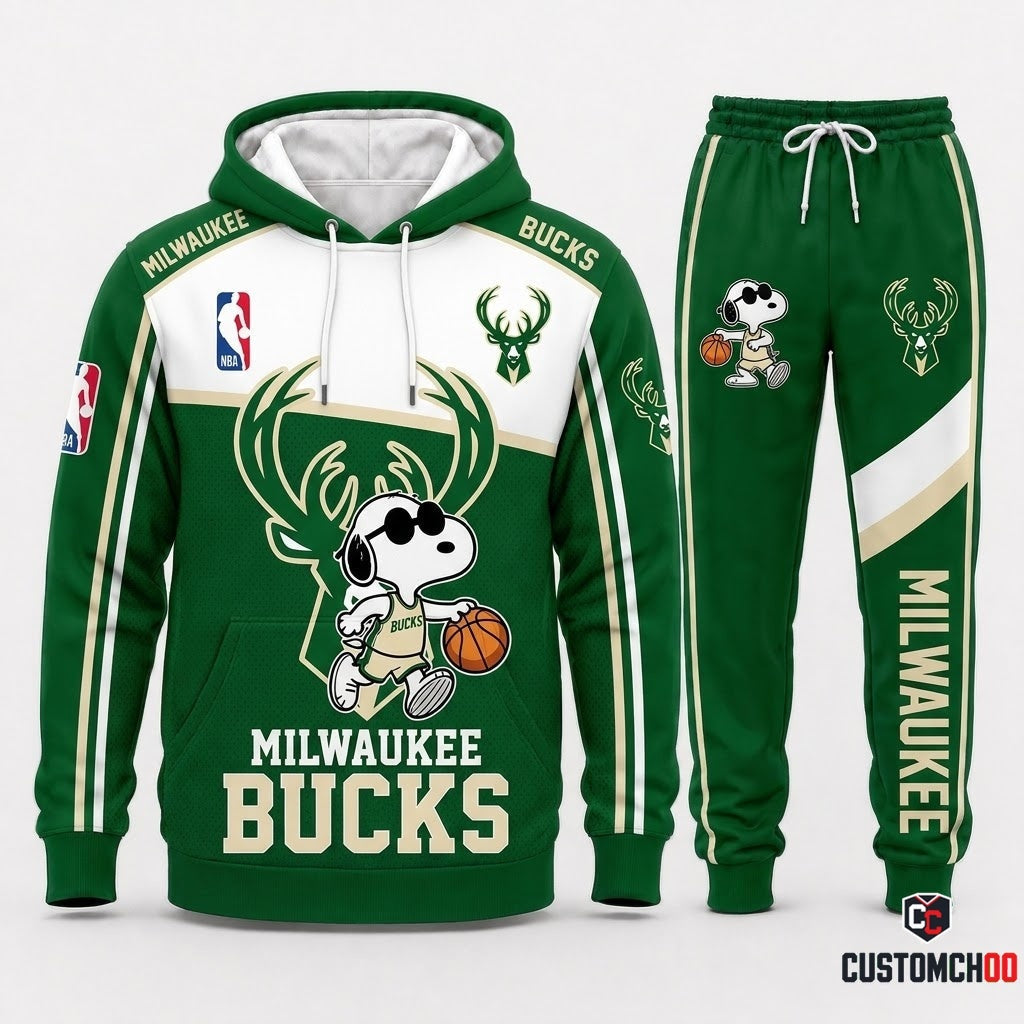 Snoopy NBA 30-Team Crossover Edition Tracksuit Set - Hoodie & Jogger Pants - Milwaukee Bucks