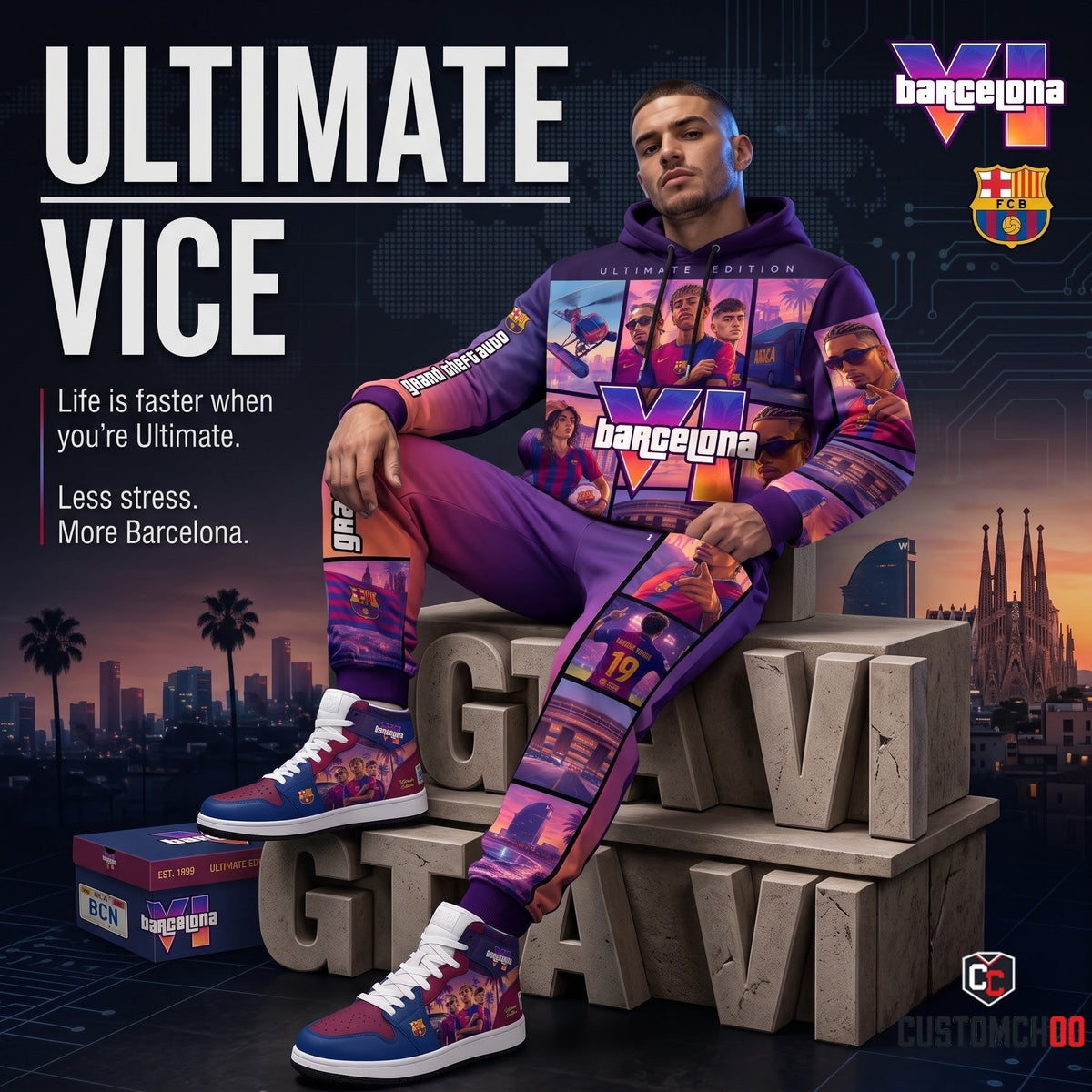 Barcelona x GTA VI Outfit Set — Hoodie, Jogger Pants & High-Top Sneakers | GTA VI Streetwear Matching Set
