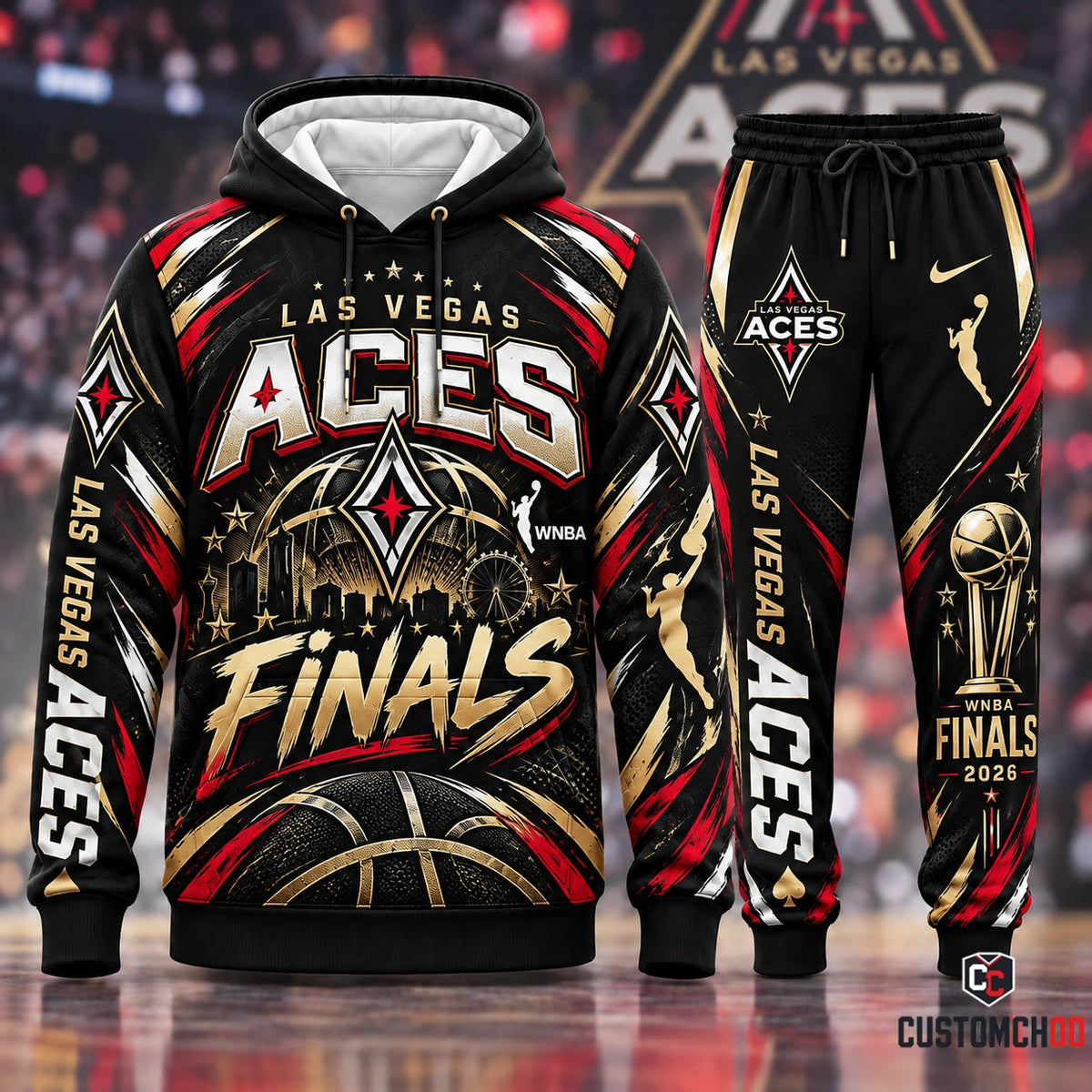 Las Vegas Aces championship tracksuit hoodie and joggers outfit set - front view