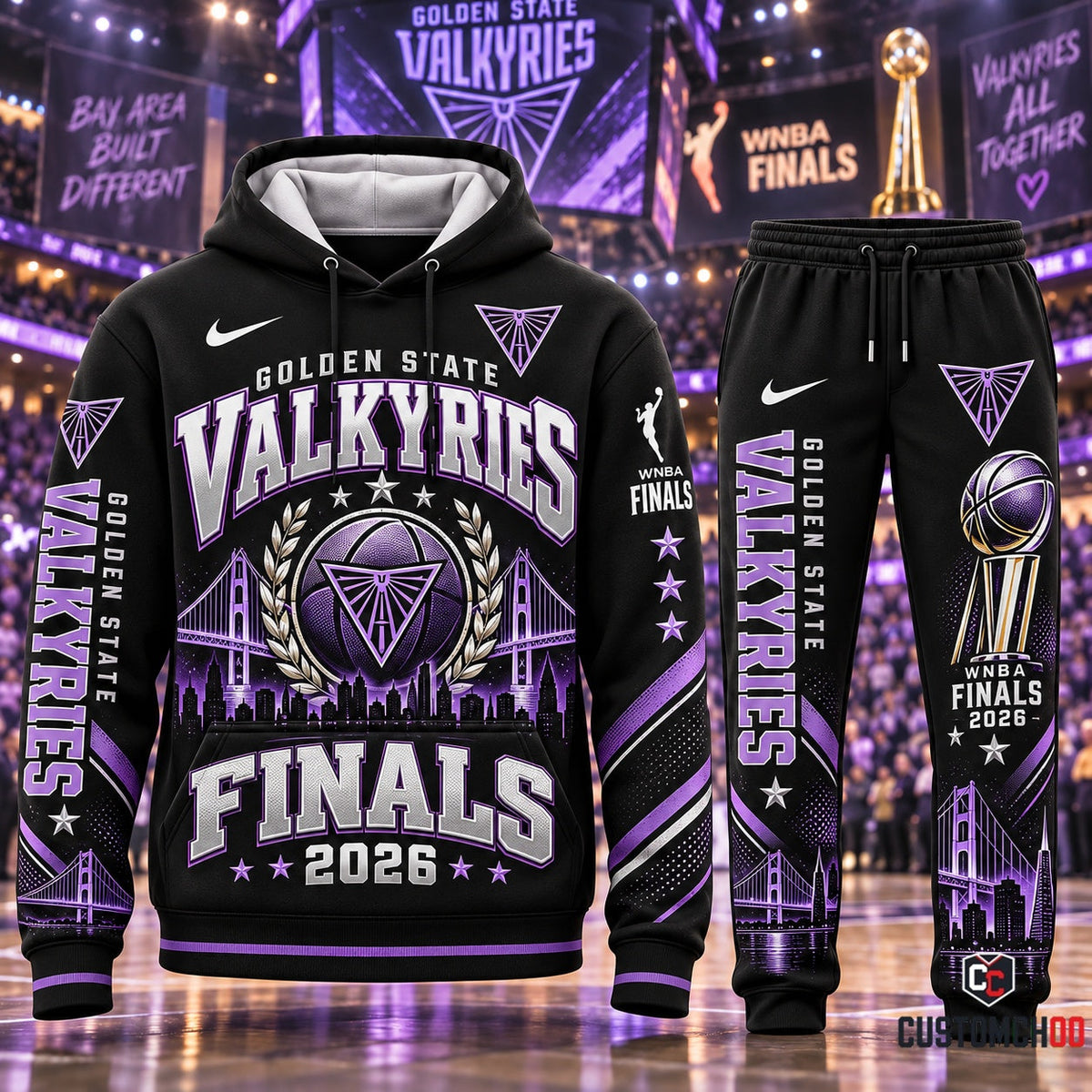 Golden State Valkyries 2026 WNBA Finals championship violet and black hoodie and jogger pants set - front view
