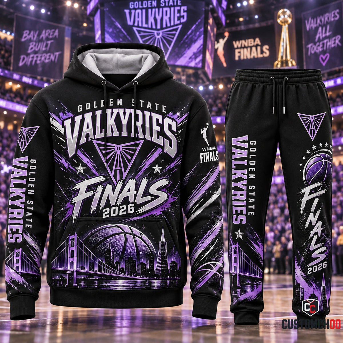 Golden State Valkyries midnight violet and black finals fan tracksuit graphic hoodie and sweatpants - front view
