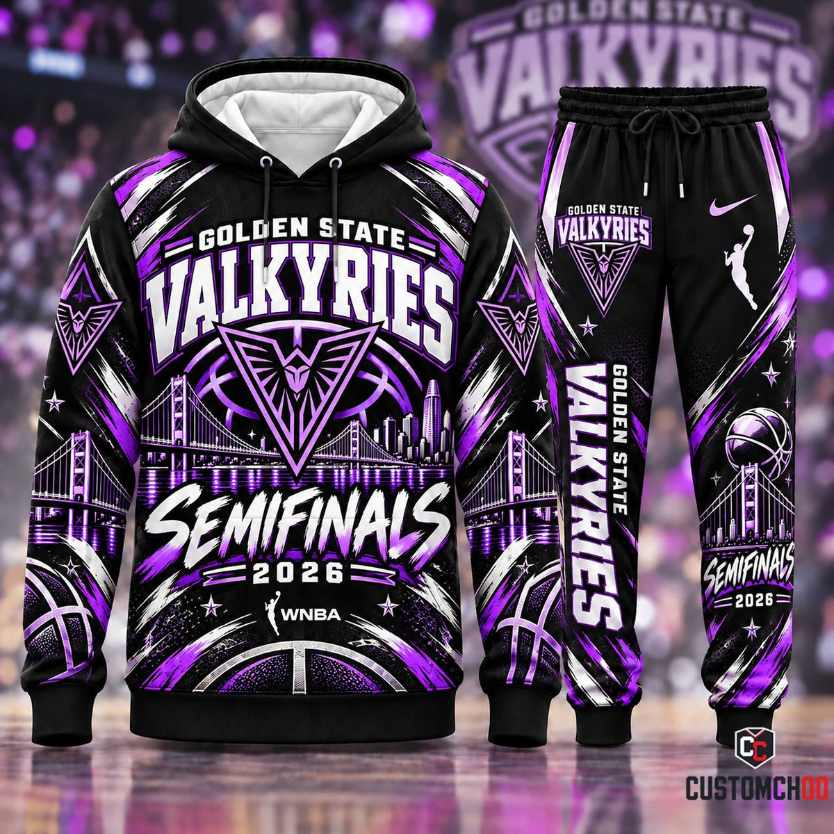 Golden State Valkyries neon violet semifinals edition streetwear hoodie and joggers fan set - front view