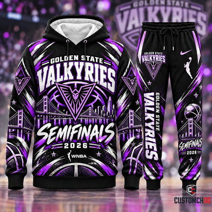 Golden State Valkyries neon violet semifinals edition streetwear hoodie and joggers fan set - front view